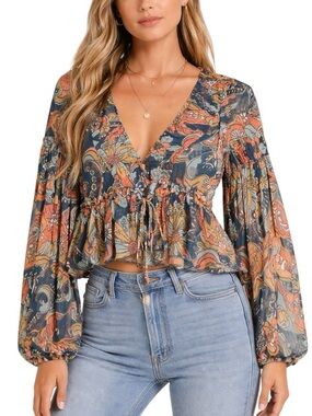 Free People Paisley Floral Semi Sheer Tie-Waist Button Blouse
